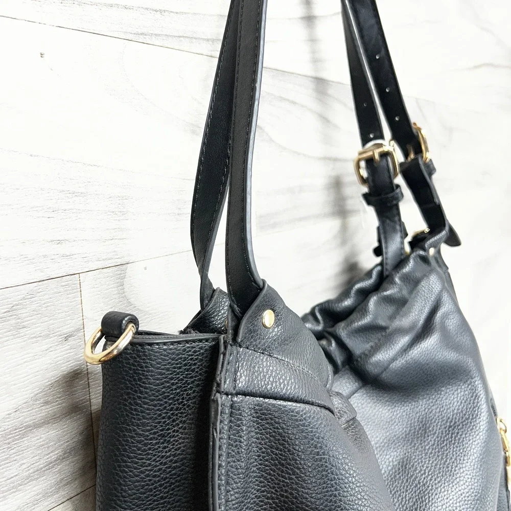 Vegan Le Miel Shoulder Bag Women's Black Beaded‎ Faux Leather Detachable Strap
